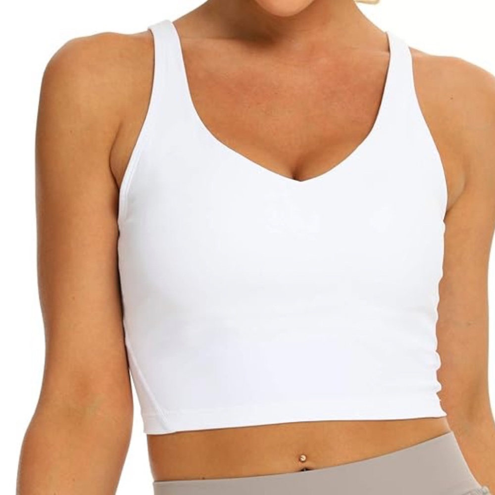 Women's White V Neck Sports Bra Crop Tank Large
